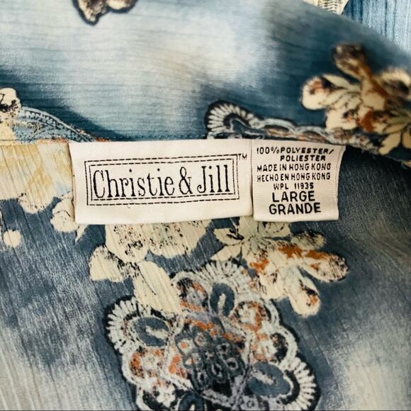 Vintage blue cream brown floral rose button front boho 80s 90s shirt top large - Picture 8 of 9